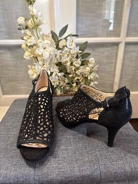 Alex Marie Black Laser-Cut Peep Toe Ankle Strap Heels